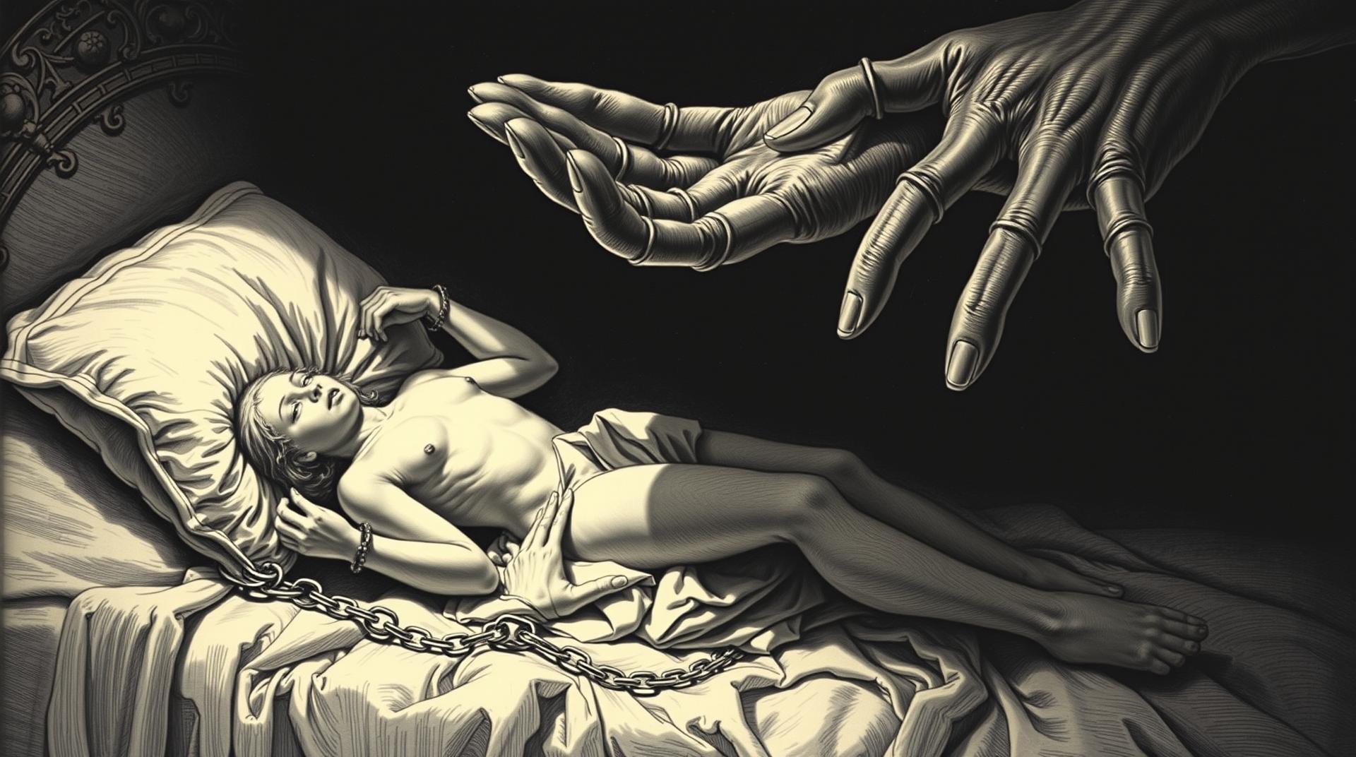 A fragile human figure lying on a luxurious bed, but chains of light and shadow bind their wrists and ankles, above them a colossal hand made of darkness reaches down, gothic engraving, Gustave Doré style, high contrast, dramatic shadows, intricate details, emotional despair.