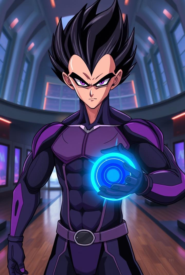 Anime, 2231, Neo Futuristic, Hi Tech, Modern, Saiyan, Vegeta, 5'5,
6 Pack Abs, Muscular Arms, Spiky Black Hair, Cyber Amethyst Purple Eyes, Handsome Face, Robotic And Emotionless Look, Inside Of A Too Oversized, Modern And Luxurious Black Hole Society Building Assassination Arts Dojo, Noon, Summer, 54 Years Old, Copenhagen, Amethyst Purple And Black, No Feelings, Wearing Black Hole Society Printed Assassination Arts Training Bodysuit, Main Floor, Doing Black Hole Society Assassination Arts Training, Holding A Black Hole Society Energy Powered Holographic Teleport Portal Device On Hand