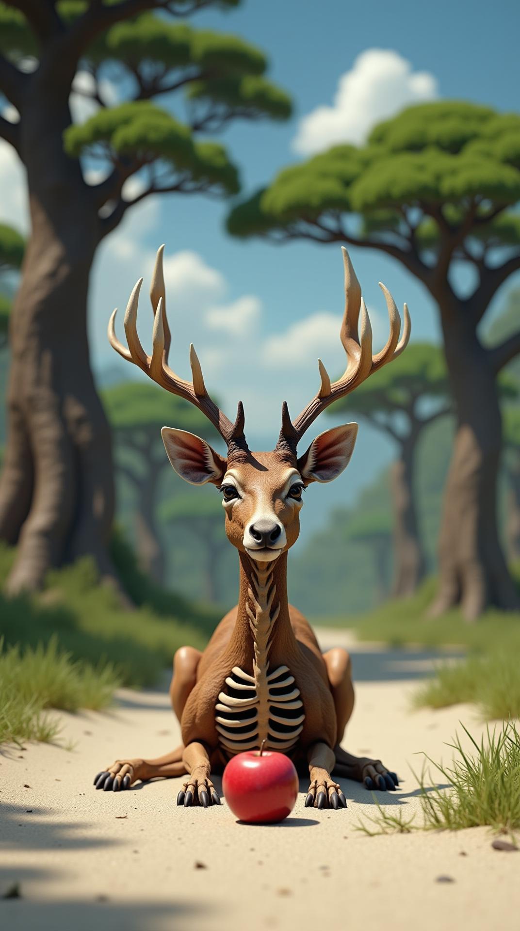 Ultra-realistic cinematic wildlife photo, front view.
A sambar deer (12-tined antlers) sitting weakly on pale sandy ground with small green grass patches.
Its bones are clearly visible under very thin skin — ribs, chest, and legs showing through, giving a starving, fragile, and extremely weak appearance.
The fur is thin, patchy, and rough, with skin stretched over bones.
Eyes half-closed, face tired, expression of exhaustion.
In front of the deer, on the ground, a single bright red apple is lying naturally.
Background: tall dense natural green trees with thick twisted trunks and wide spreading roots, clear bright blue sky with soft white clouds, slightly blurred (shallow depth of field).
Lighting: strong daylight, cinematic sharp contrast, ultra-photorealistic clarity.
Negative Prompt:
cartoon, painting, sketch, toy-like, CGI, oversaturated, umbrella-shaped trees, gore, blood, extra animals, fake textures, distorted anatomy.