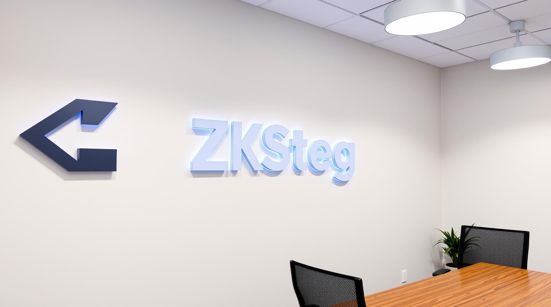 An smart office with a classy 3d logo on the wall that reads 'ZKSteg'