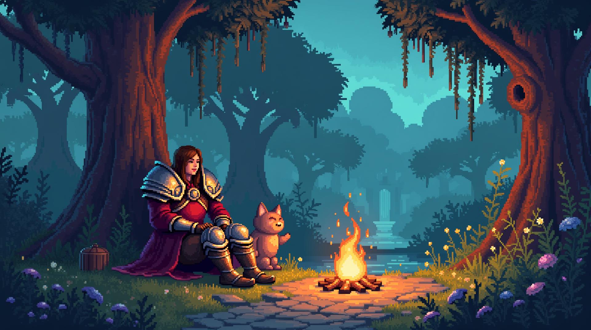 A highly detailed medieval fantasy pixel art scene, richly textured and beautifully crafted in the style of classic retro RPG artwork, with vibrant contrasting colors, glowing highlights, and deep shadows that create a moody yet calming atmosphere. The pixel art must have high resolution with clean, sharp edges and carefully chosen color palettes that emphasize richness and depth and a colourful image. The mood should be serene, nostalgic, and artistic, evoking an old-school medieval fantasy adventure world, both cozy and epic at the same time. The characters, creatures, and objects should be rendered with attention to detail, from metallic armor and weapons to natural elements like flowers, rain, rocks, and rivers, ensuring a consistent and harmonious aesthetic. The image must be horizontal. The tone of the image should be overall happy and positive, meaning the colors have to be bright and warm. At the center of the scene, a World of Warcraft human guard in his red armor is sitting next to a campfire in a World of Warcraft zone such as Elwynn Forest.