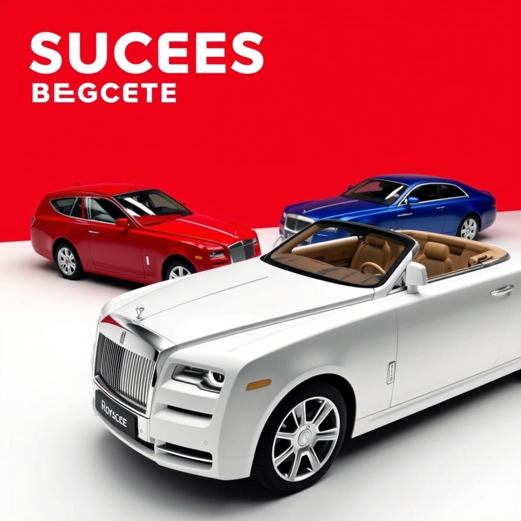 Create a Wallpaper of Rolls Royalce CAR in background 
1.Red.2.Blue.3.White.4.Black.
In fornt of them have write "SUCCESS BEGETS SUCCESS"