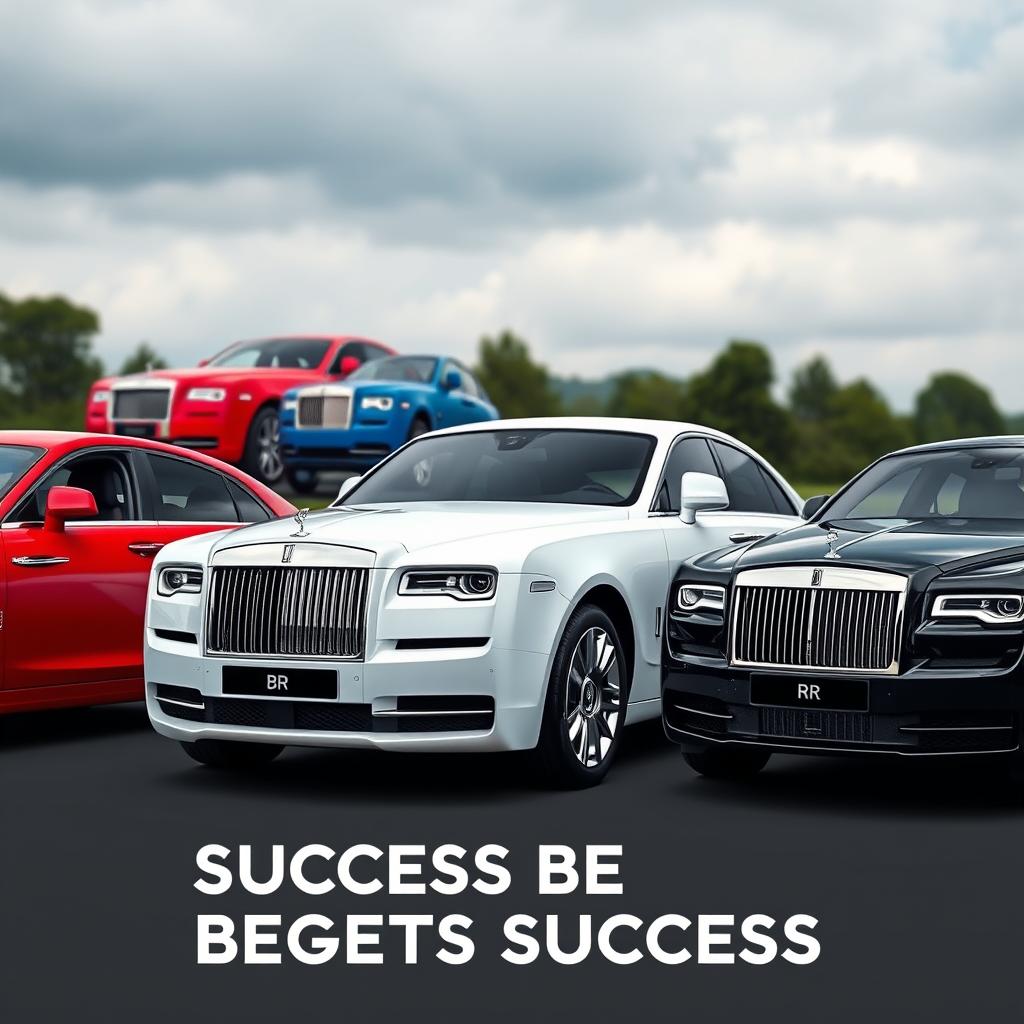 Create a Wallpaper of 4 Rolls Royalce CAR in background 
1.Red.
2.Blue.
3.White.and
4.Black.
In fornt of them have writeen
 "SUCCESS BEGETS SUCCESS"