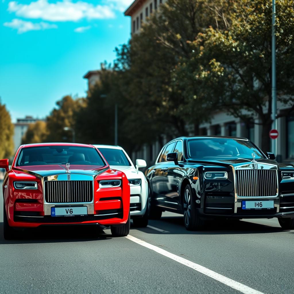 Create a Wallpaper of 4 Rolls Royalce CAR stand in a street in background 
1.Red.
2.Blue.
3.White.and
4.Black.
In fornt of them have writeen
 "SUCCESS BEGETS SUCCESS"