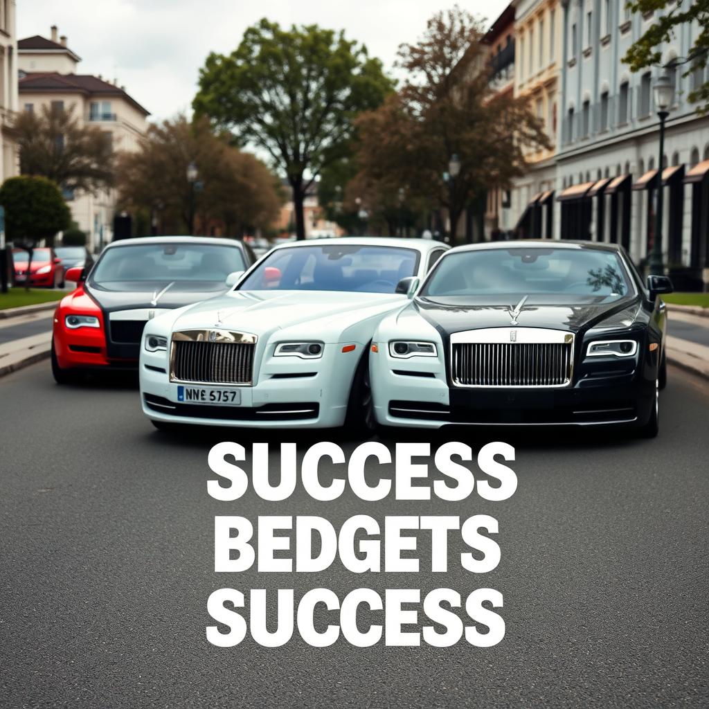 Create a Wallpaper of 4 Rolls Royalce CAR stand in a street in background 
1.Red.
2.Blue.
3.White.and
4.Black.
In fornt of them have written
 "SUCCESS BEGETS SUCCESS"