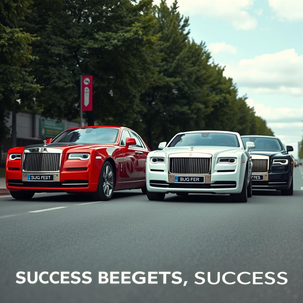 Create a Wallpaper of 4 Rolls Royalce CAR stand in a street one by one in background 
1.Red.
2.Blue.
3.White.and
4.Black.
In fornt of them have to written
 "SUCCESS BEGETS SUCCESS"