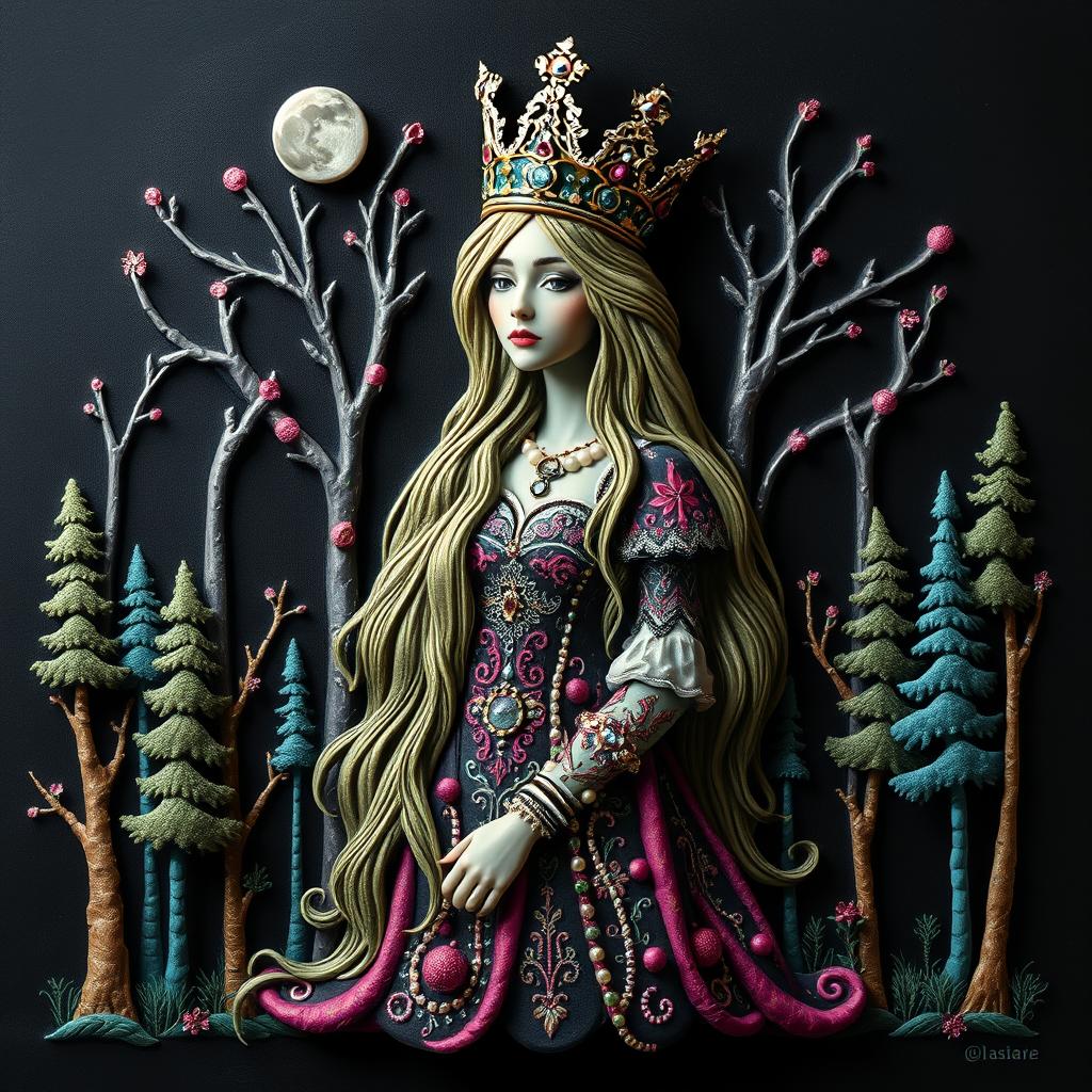 3D bas relief, chalk art illustration with vibrant colors on a black slate background; a surreal Queen with long hair, wearing embroidered dress and crown with rhinestones, pearls, beads, forest, full length view, whimsical surrealism