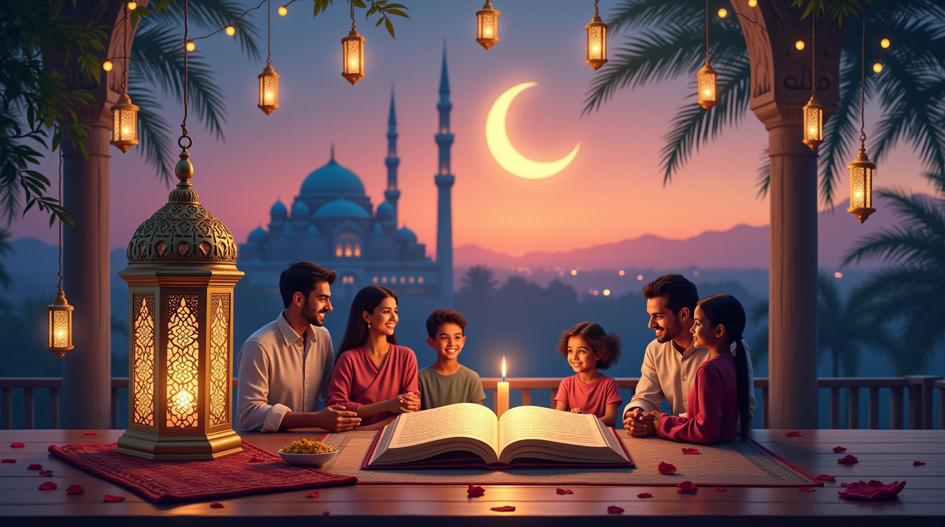 ### Image Prompt 1: Crescent Moon Over a Serene Mosque at Dusk
A photorealistic illustration of a glowing golden crescent moon rising above a historic domed mosque silhouetted against a soft purple and orange dusk sky, with delicate Arabic lanterns hanging from palm branches in the foreground, evoking peace and spiritual reflection during Ramadan. The composition features warm ambient lighting with subtle bokeh effects from distant city lights, in a horizontal landscape format suitable for greeting cards or social media banners. High-resolution, vibrant yet non-saturated colors, no text or trademarks, diverse neutral representation, commercially versatile for digital and print use.
### Image Prompt 2: Family Iftar Gathering Under Fairy Lights
A warm, realistic photograph of a diverse multicultural family (including Middle Eastern, South Asian, and African heritage members) seated around a low wooden table laden with traditional iftar dishes like dates, lentil soup, and fresh fruits, sharing smiles as the sun sets in the background through an open balcony. Fairy lights and hanging star-shaped lanterns create a cozy glow, with prayer rugs subtly visible. Shot in a candid, natural style with soft depth of field focusing on joyful expressions, square format for Instagram posts, emphasizing inclusivity and cultural unity, no logos or branded items, optimized for commercial advertising.
### Image Prompt 3: Ornate Lantern and Open Quran in Candlelight
An elegant, close-up still life of a intricately carved brass Moroccan lantern casting intricate shadow patterns on an open antique Quran placed on a woven silk rug, surrounded by scattered rose petals and a single flickering beeswax candle, symbolizing faith and introspection for Ramadan Kareem. Rich textures in gold, deep red, and ivory tones with dramatic chiaroscuro lighting, vertical portrait orientation ideal for book covers or email newsletters. Photorealistic detail, no human figures or identifiable symbols, ensuring broad commercial appeal in editorial and promotional contexts.
### Image Prompt 4: Abstract Geometric Pattern with Ramadan Motifs
A modern abstract vector illustration featuring interlocking geometric Islamic patterns in teal, gold, and navy blue, incorporating subtle crescent moons, stars, and date palm silhouettes forming a harmonious mandala design, representing renewal and community for 2026 Ramadan celebrations. Clean, scalable lines with negative space for overlay text, square format for versatile web graphics or packaging. Minimalist style adhering to non-figurative art principles, fully editable elements, no cultural appropriation risks, designed for royalty-free commercial licensing in branding and merchandise.
### Image Prompt 5: Starlit Desert Sky with Prayer Silhouettes
A dreamy, wide-angle digital painting of silhouetted figures in flowing robes performing evening prayer (salah) on rolling sand dunes under a vast star-filled desert sky, with a faint crescent moon and distant minaret outline, capturing the essence of Ramadan's spiritual solitude and connection to nature. Ethereal blue and purple gradients with golden highlights on the horizon, panoramic horizontal format for wallpapers or event posters. Inclusive diverse body types, no facial details or religious text, high-contrast for emotional impact, compliant with global commercial standards for inspirational content.
