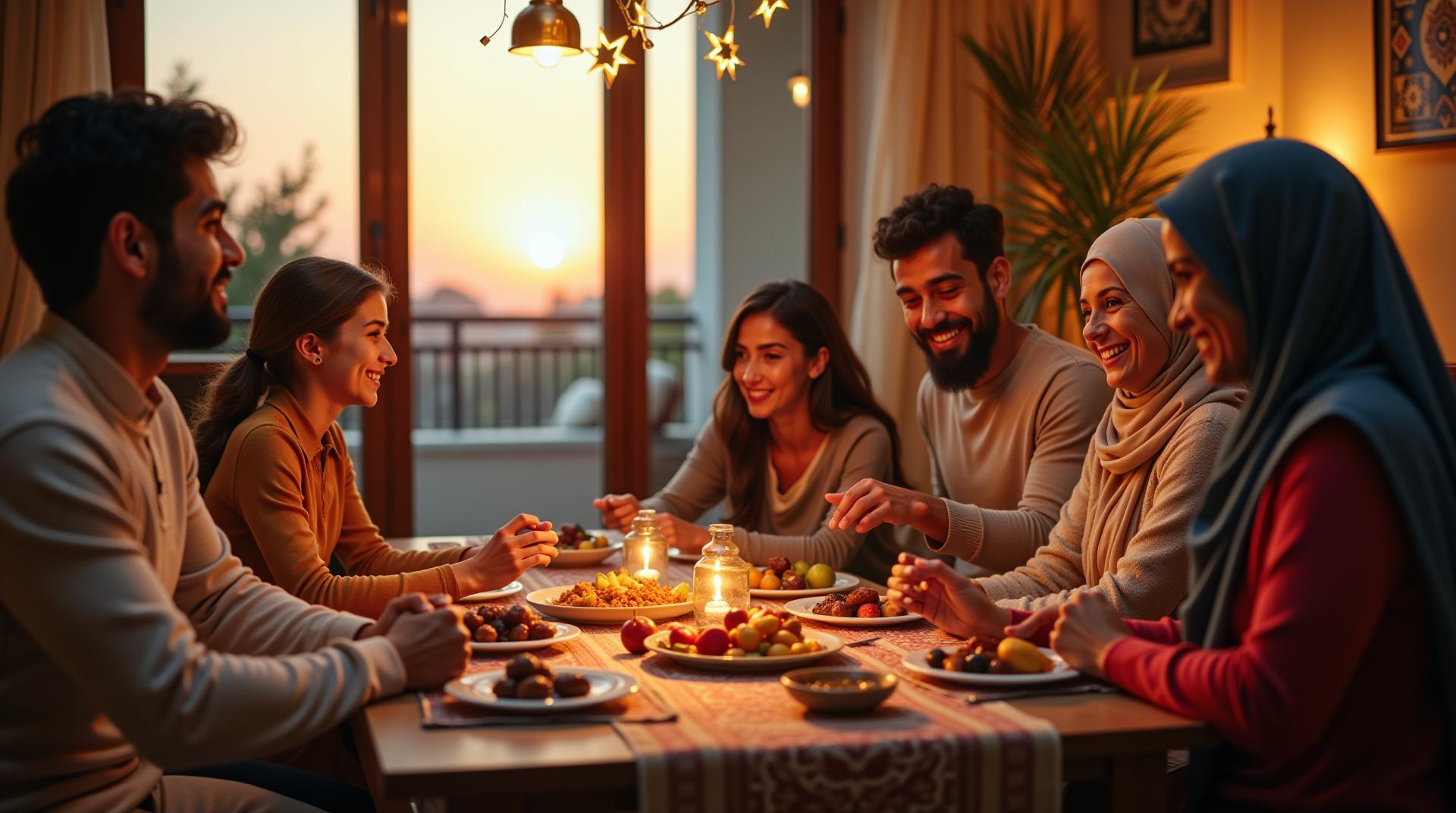 A warm, realistic photograph of a diverse multicultural family (including Middle Eastern, South Asian, and African heritage members) seated around a low wooden table laden with traditional iftar dishes like dates, lentil soup, and fresh fruits, sharing smiles as the sun sets in the background through an open balcony. Fairy lights and hanging star-shaped lanterns create a cozy glow, with prayer rugs subtly visible. Shot in a candid, natural style with soft depth of field focusing on joyful expressions, square format for Instagram posts, emphasizing inclusivity and cultural unity, no logos or branded items, optimized for commercial advertising.