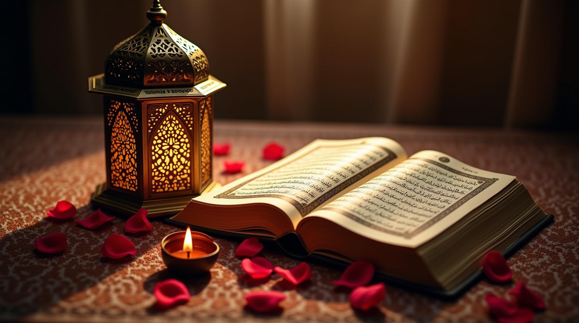 An elegant, close-up still life of a intricately carved brass Moroccan lantern casting intricate shadow patterns on an open antique Quran placed on a woven silk rug, surrounded by scattered rose petals and a single flickering beeswax candle, symbolizing faith and introspection for Ramadan Kareem. Rich textures in gold, deep red, and ivory tones with dramatic chiaroscuro lighting, vertical portrait orientation ideal for book covers or email newsletters. Photorealistic detail, no human figures or identifiable symbols, ensuring broad commercial appeal in editorial and promotional contexts.