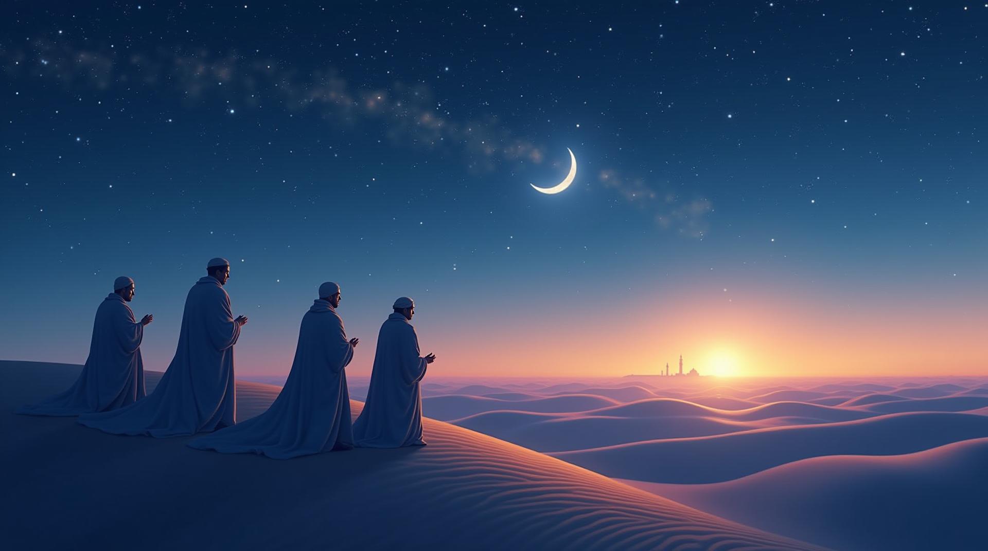 A dreamy, wide-angle digital painting of silhouetted figures in flowing robes performing evening prayer (salah) on rolling sand dunes under a vast star-filled desert sky, with a faint crescent moon and distant minaret outline, capturing the essence of Ramadan's spiritual solitude and connection to nature. Ethereal blue and purple gradients with golden highlights on the horizon, panoramic horizontal format for wallpapers or event posters. Inclusive diverse body types, no facial details or religious text, high-contrast for emotional impact, compliant with global commercial standards for inspirational content.