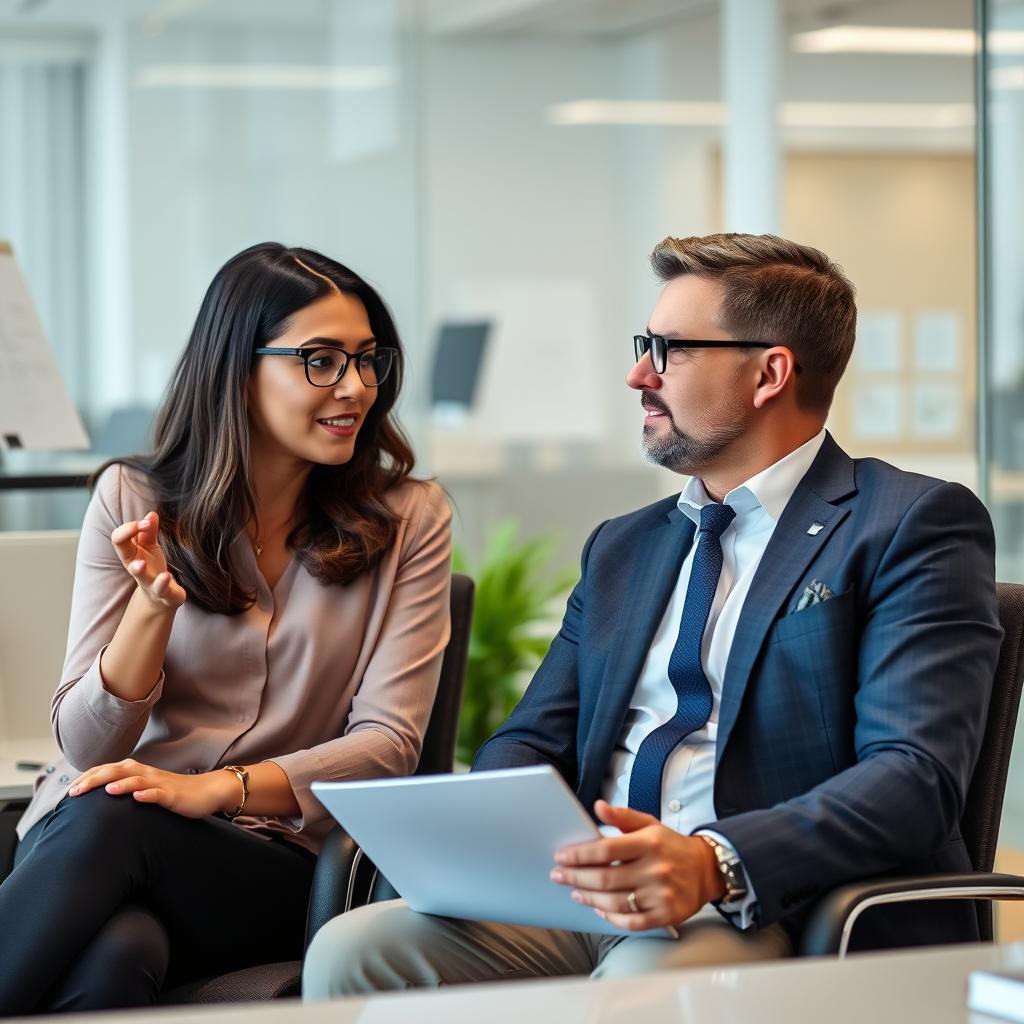 Generate an image of two people. One is explaining something professionally. The other is listening attentively. They are sitting in an office.
