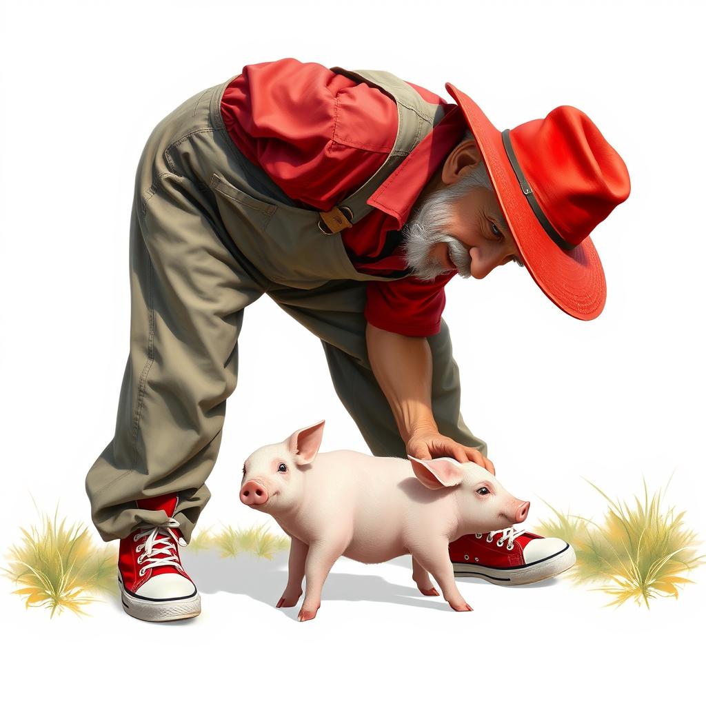 full body image must be inside the margins, centered, whimsical, hyper realistic, a funny old farmer is wearing red high top sneakers. He is wearing baggy overalls and a red shirt and a red straw hat. He is bending over and picking up a newborn baby pig. acrylic oils, airbrushed, white background, 400 pixels