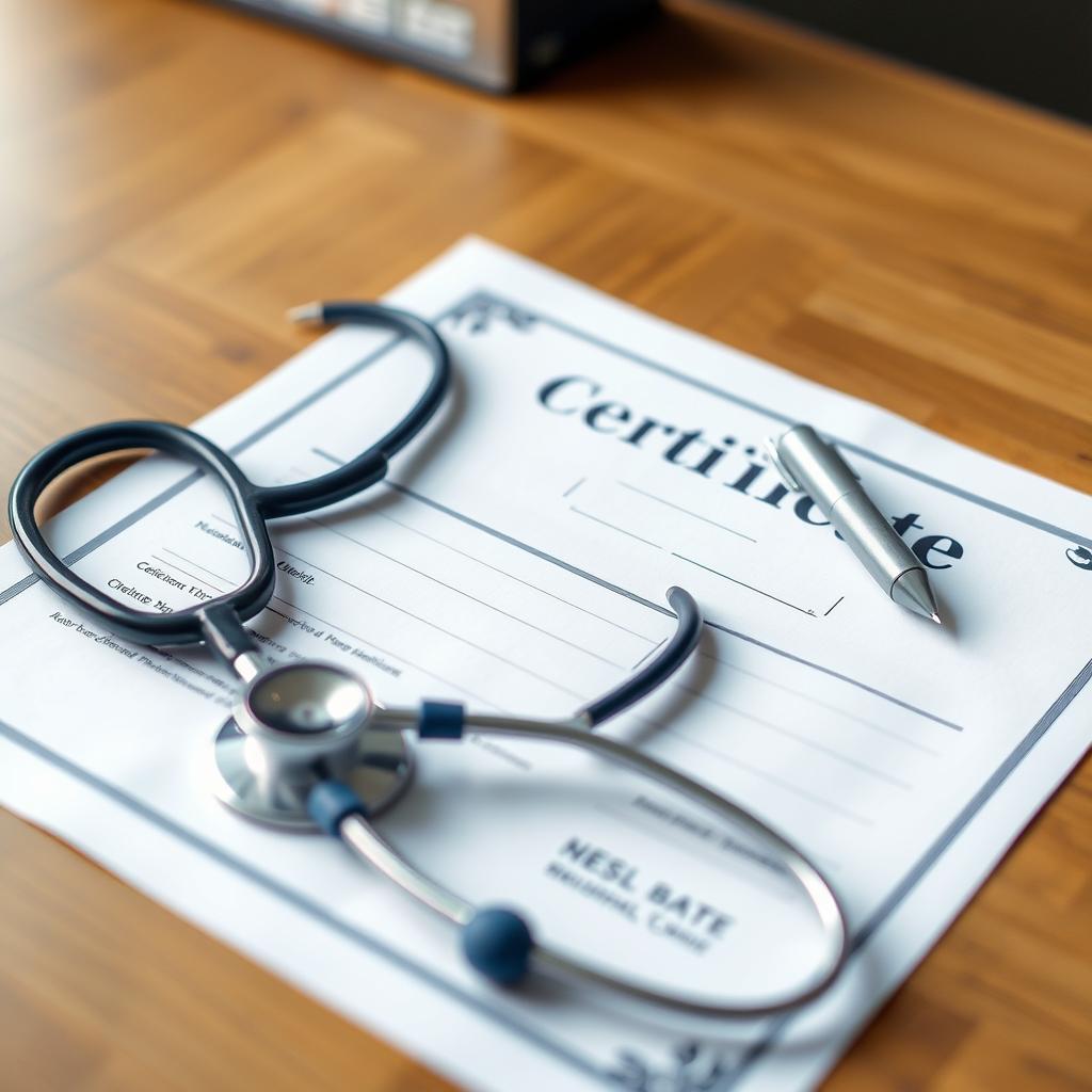Generate a medical certificate. The document is lying on the table, with a pen in the top right corner of the document. A stethoscope is lying next to it. The image should be realistic.