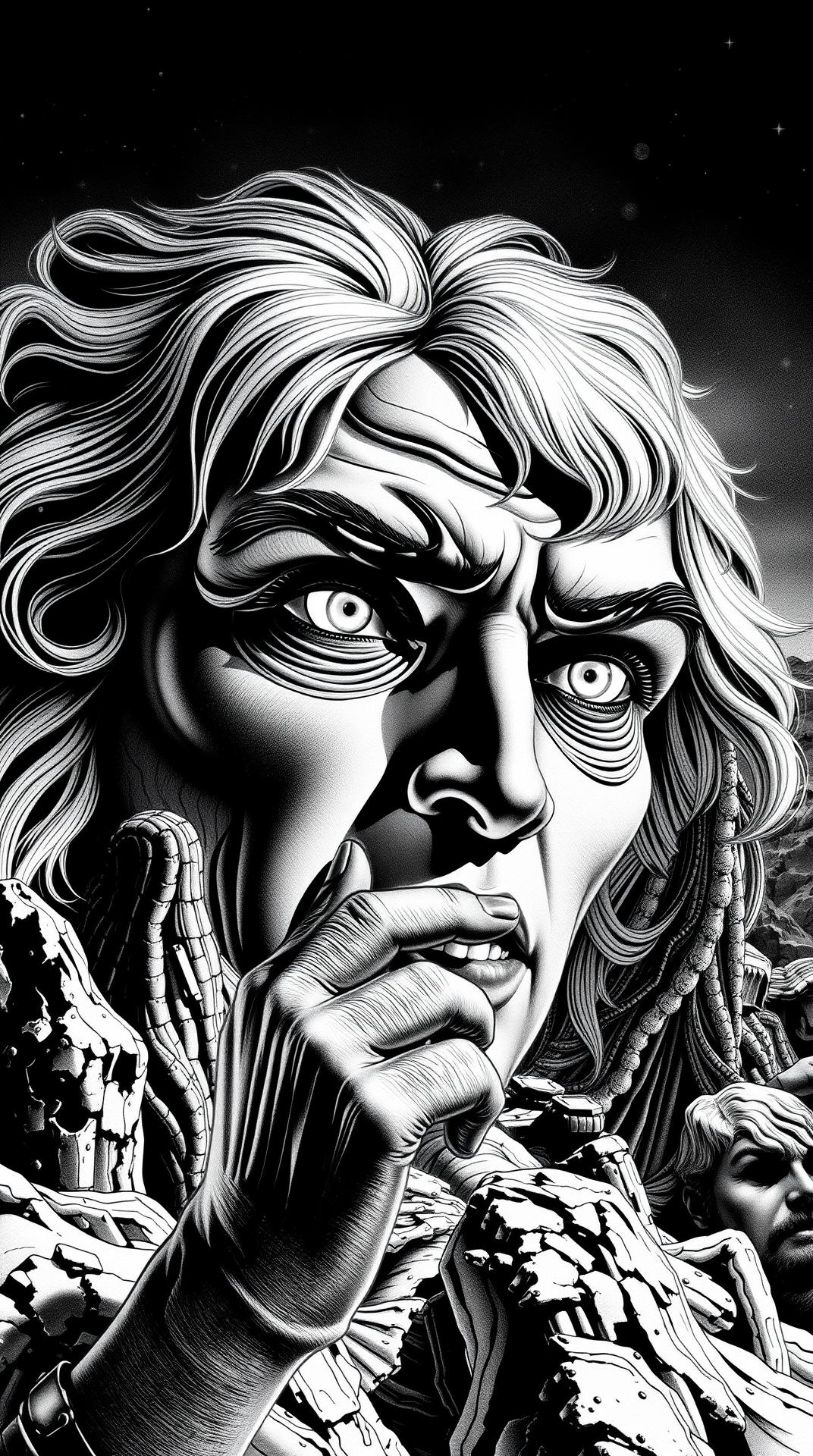 1975s vintage pulp art, One of a Kind AI generated only - 3D Coloring book style, Dramatic Art style, no color, FROM AI ONLY, vintage pulp art, by Nicks K, glossy pulp art, "1 OF A KIND", 8k, high resolution, best quality neon punk style black and white color