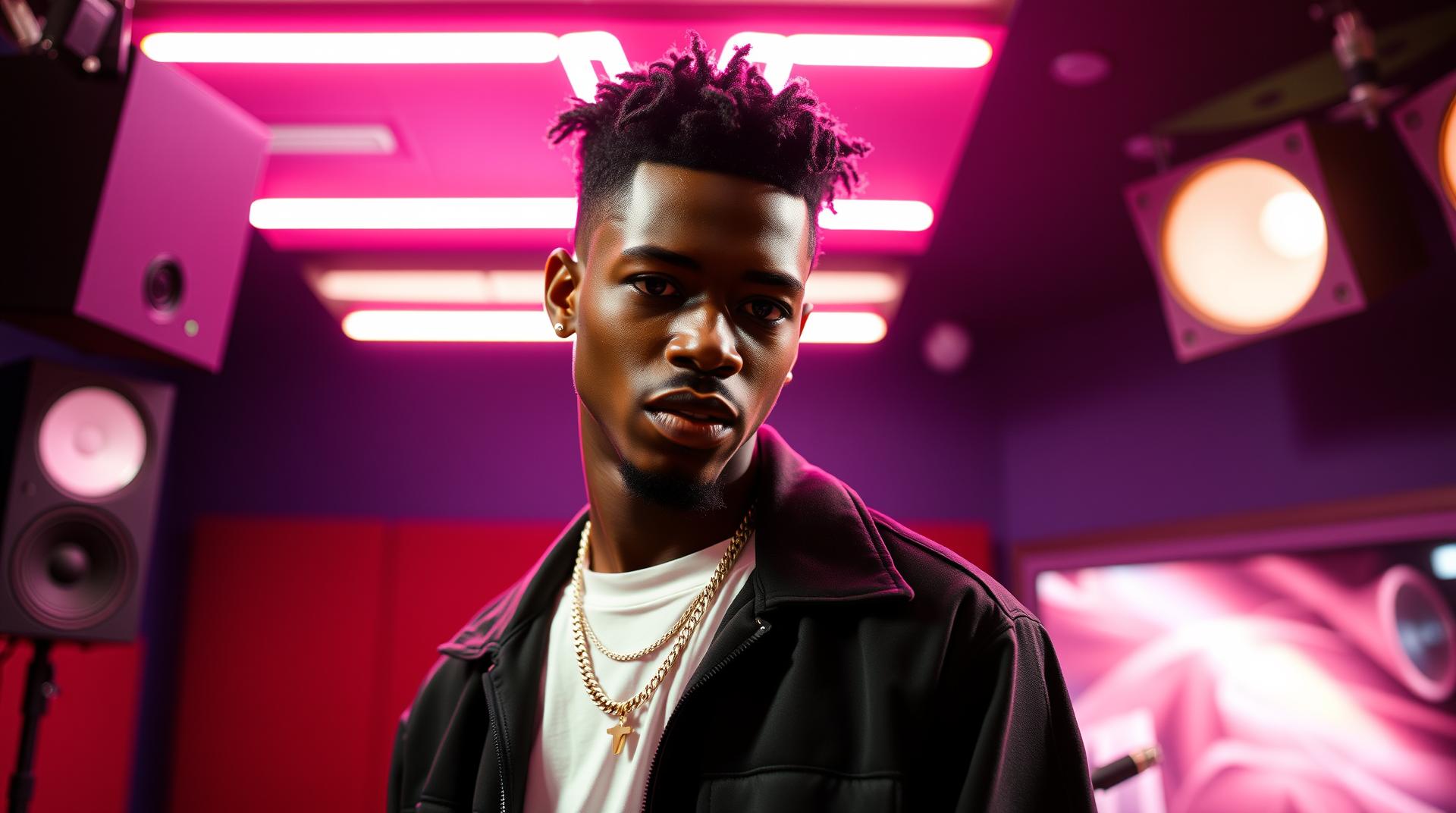 image of a 21 year old black man as an R&B superstar standing in a recording studio as neon led lights illuminate the atmosphere
