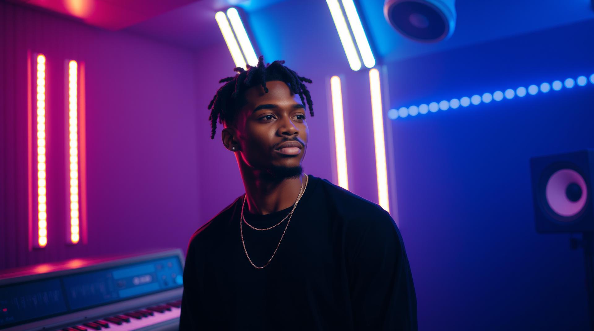 image of a 21 year old black man as an R&B superstar standing in a recording studio as neon led lights illuminate the atmosphere