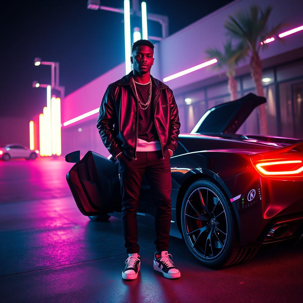image of a 21 year old black man as an R&B superstar standing nexy to an exotic car as neon led lights illuminate the atmosphere