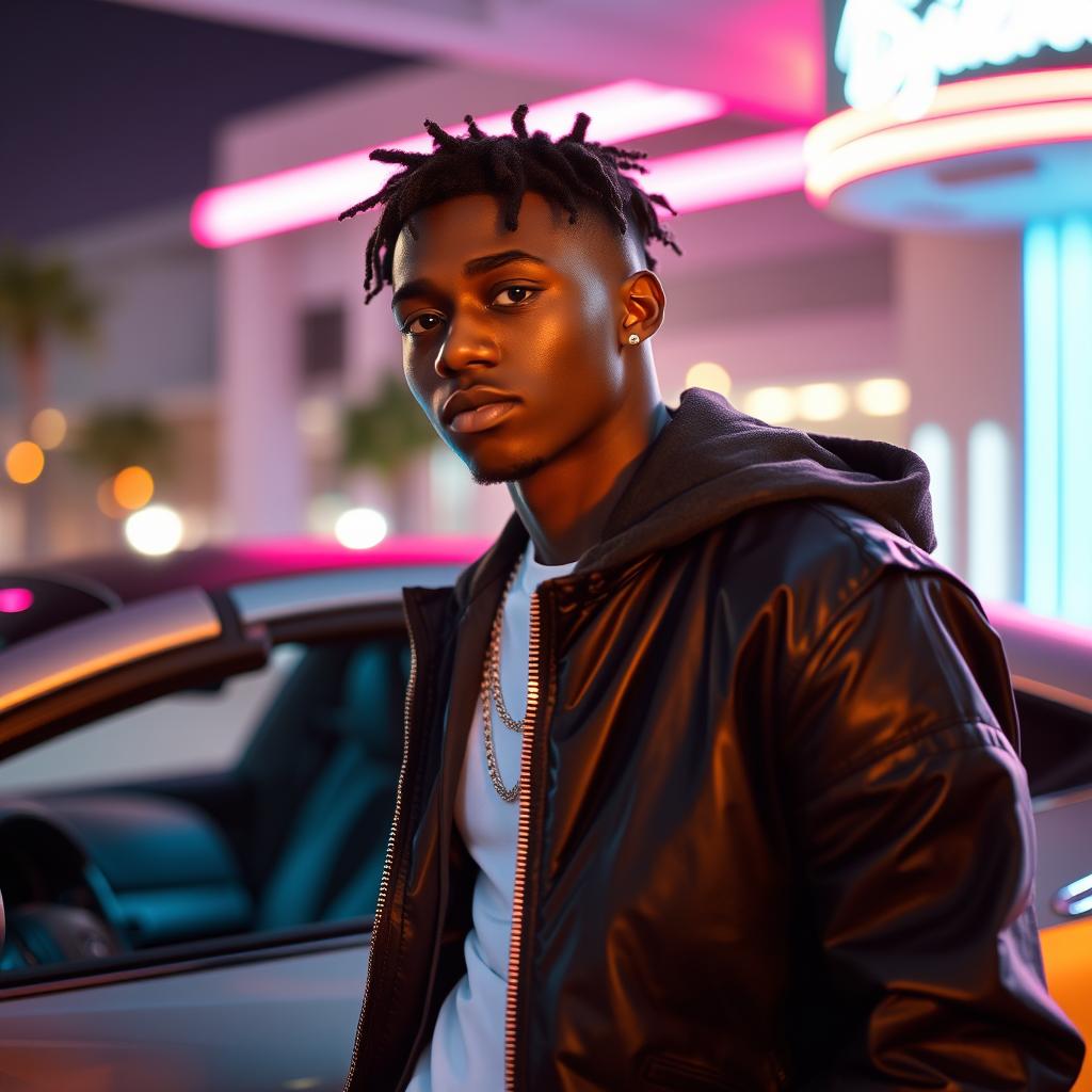 image of a 21 year old black man as an R&B superstar standing nexy to an exotic car as neon led lights illuminate the atmosphere. 