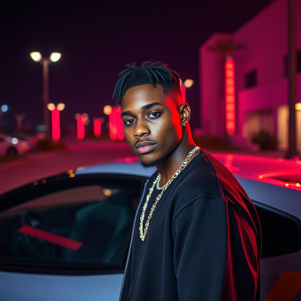 image of a 21 year old black man as an R&B superstar standing nexy to an exotic car as neon led lights illuminate the atmosphere. 