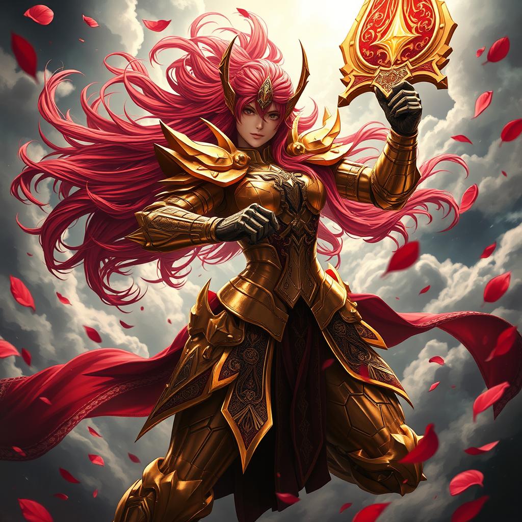 Malenia, Goddess of Rot, full-body digital fanart in a Sakimichan-inspired style, depicted in an aerial battle scene, dynamic pose attacking forward with her golden-copper armor shining under dramatic light. Her long red hair flows powerfully, infused with energy. She wields her massive blade raised high, ready to strike. Realistic metallic reflections, intricate engravings and textures on armor, glowing highlights, and a cinematic lighting setup. Surround her with floating red petals and debris. Background shows epic storm clouds, motion blur, and battle atmosphere. Highly detailed digital painting, mix of realism and anime aesthetic, ultra-realistic lighting, volumetric effects, and painterly brushwork. Maximum detail, 8K resolution, masterpiece, dramatic composition.