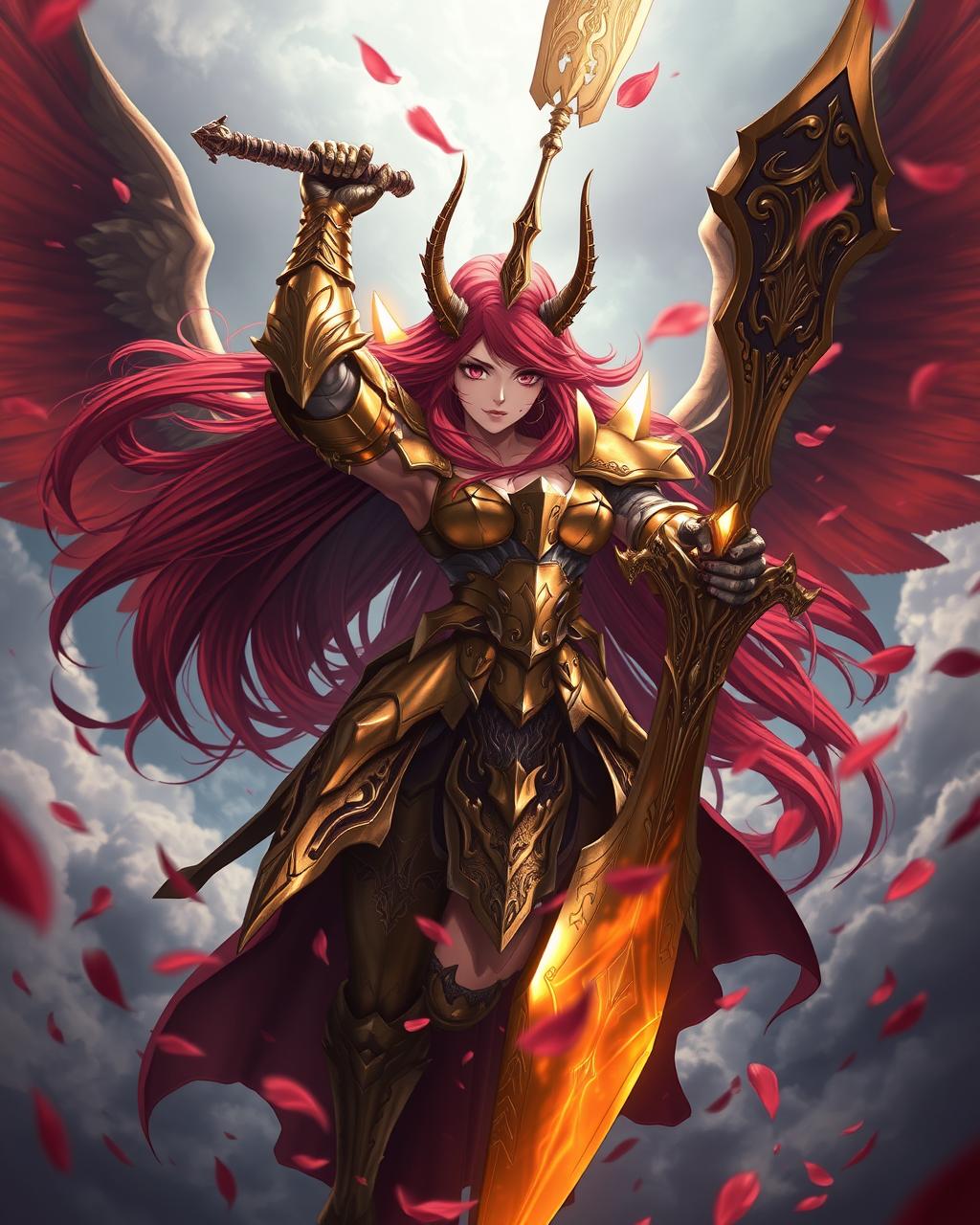 Malenia, Goddess of Rot, full-body digital fanart in a Sakimichan-inspired style, depicted in an aerial battle scene, dynamic pose attacking forward with her golden-copper armor shining under dramatic light. Her long red hair flows powerfully, infused with energy. She wields her massive blade raised high, ready to strike. Realistic metallic reflections, intricate engravings and textures on armor, glowing highlights, and a cinematic lighting setup. Surround her with floating red petals and debris. Background shows epic storm clouds, motion blur, and battle atmosphere. Highly detailed digital painting, mix of realism and anime aesthetic, ultra-realistic lighting, volumetric effects, and painterly brushwork. Maximum detail, 8K resolution, masterpiece, dramatic composition.
