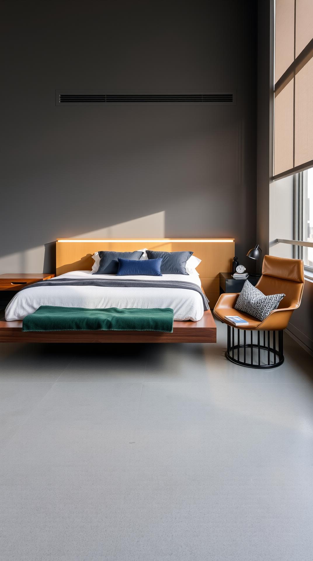 The room commands attention not through clutter, but through its sheer, refined scale. It occupies the corner of a high-rise, giving it two full walls of seamless, floor-to-ceiling glass. Motorized, sheer linen shades are currently drawn, filtering the harsh afternoon sun into a soft, silvery glow that evenly illuminates the space. The architectural design is deliberately minimal: high ceilings, recessed linear air vents, and walls painted in a velvety, matte Kendall Charcoal gray that absorbs excess light and gives the room a quiet, contemplative weight. The flooring is large-format, polished concrete tile, cool to the touch and subtly reflecting the city lights after dusk.
The Centerpiece: The Floating Bed
The anchor of the room is the custom-built King-sized platform bed. Its frame is crafted from solid, dark-stained American Walnut, which extends horizontally to form the attached nightstands. The design gives a "floating" impression, subtly enhanced by a hidden, warm LED strip running along the base that casts a soft, downward glow. The headboard is a wide, continuous panel upholstered in a creamy, unbleached bouclé fabric, providing a soft, tactile surface.
The bedding is a study in layered comfort. It begins with high-density, bamboo-blend sheets in a pure white. The duvet is a weighty, pre-washed Belgian linen in a faded French Gray, its texture slightly rumpled and inviting. At the foot of the bed rests a folded, dark navy cashmere throw, and the arrangement is completed by three precisely placed pillows: two substantial squares in forest-green velvet and a single, elongated lumbar pillow covered in an intricate black-and-white herringbone pattern.
The Dedicated Nooks
In the far corner, near the window, is a designated reading and reflection area. It features a low-slung, Barcelona-style chair upholstered in supple, cognac-colored leather, contrasting beautifully with the gray wall. Beside it, a cylindrical, powder-coated black metal side table holds a single, first-edition novel and a sleek, chrome-cased digital clock. The area is defined by a deep, hand-knotted wool rug—a generous splash of faded emerald and ivory that breaks the austerity of the concrete floor.
Against the wall opposite the bed, a long, low credenza made of veneered walnut serves as the primary storage. Its doors are perfectly flush, opening with a gentle push-to-open mechanism, maintaining a completely handleless profile. The surface is sparse, hosting only a stack of four perfectly aligned design magazines and a single, beautifully imperfect piece of black marble abstract sculpture.
Lighting and Sensory Details
Lighting is managed in three distinct layers. Ambient light is provided by recessed, dimmable LED tracks in the ceiling. Task light is handled by two identical, Italian-designed bronze table lamps on the nightstands, each featuring a spherical, frosted glass diffuser that emits a warm, soft halo. Finally, accent light shines onto the artwork from a hidden ceiling spotlight. The room is always scented with a subtle, woody fragrance—a sandalwood and moss diffuser tucked discreetly on a low shelf. The prevailing sound is one of profound silence, occasionally punctuated by the very faint, distant hum of the city below.
This description moves beyond just listing the furniture to describe the materials, textures, and sensory experience of being in the space.