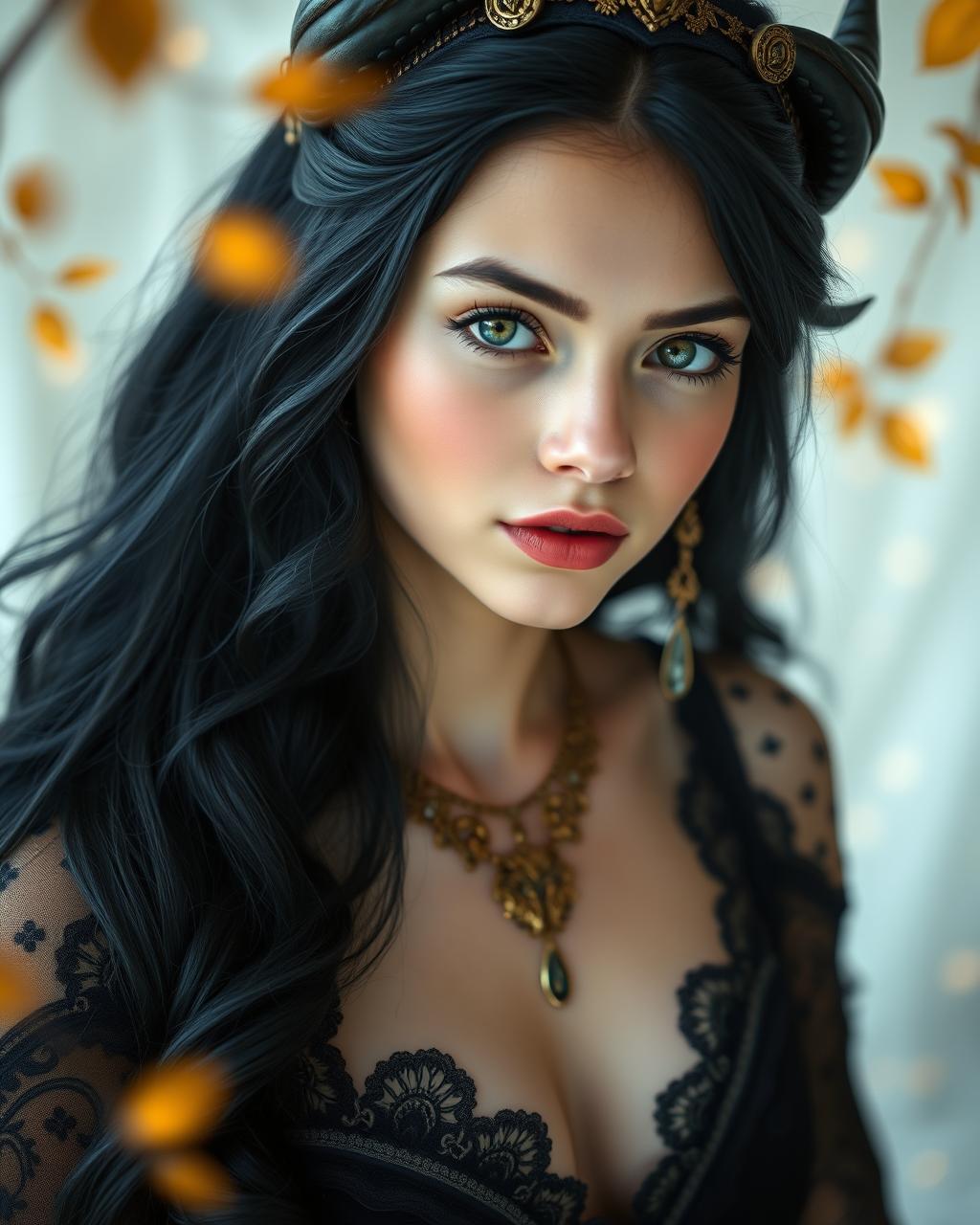 A stunning young woman, possibly of mixed European descent, appears in a close-up, portrait style shot. Her age appears to be around late teens to early twenties, with pale skin, rosy cheeks and full lips, adding to her ethereal beauty. She possesses long, flowing, dark blue-black hair cascading around her shoulders. She wears a meticulously designed, dark, ornate dress, with detailed patterns and embellishments around the neckline and bodice, exposing a hint of cleavage. Intricate, gold-colored jewelry, including a headpiece with elegant horns and a delicate necklace with teardrop pendants, adorns her. She has large, captivating, pale green eyes, framed by long, dark lashes, gazing directly at the viewer with a calm, inviting expression. The background presents an out-of-focus, ethereal setting with soft, diffused light creating a dreamlike atmosphere. A subtle bokeh effect adds a sense of depth, with hints of golden leaves floating in the background. The image exhibits a blend of fantasy and elegance, with a touch of Art Nouveau aesthetic, employing soft, muted colors, and a focus on graceful lines and detail, creating a mood of mystery and sophistication.