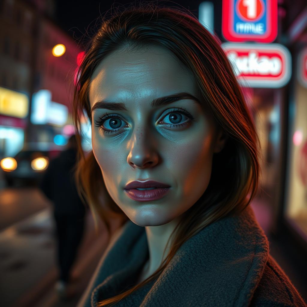 hyperrealistic night street portrait of a 25-year-old Russian woman, natural candid expression, photographed with an iPhone 15 Pro camera, ProRAW HDR enabled, wide aperture for shallow depth of field, realistic skin tones illuminated by neon and streetlight reflections, fine micro-texture of skin visible (natural pores, soft sheen, subtle freckles), cinematic night ambience, realistic reflections in eyes from city lights, bokeh lights in background, slightly warm color balance, high-dynamic-range detail retention in shadows and highlights, realistic noise profile of night photography, lens flare from passing cars, authentic handheld composition, medium-close framing (head and shoulders), mood of quiet elegance, faint breath visible in cold air, detailed focus on eyes, natural lips with gentle light reflection, authentic smartphone depth and exposure simulation, 8k post-processed clarity preserving iPhone realism, urban Russian street at night with softly blurred signage, glowing reflections on pavement, mood: cinematic, modern, intimate, documentary-style.