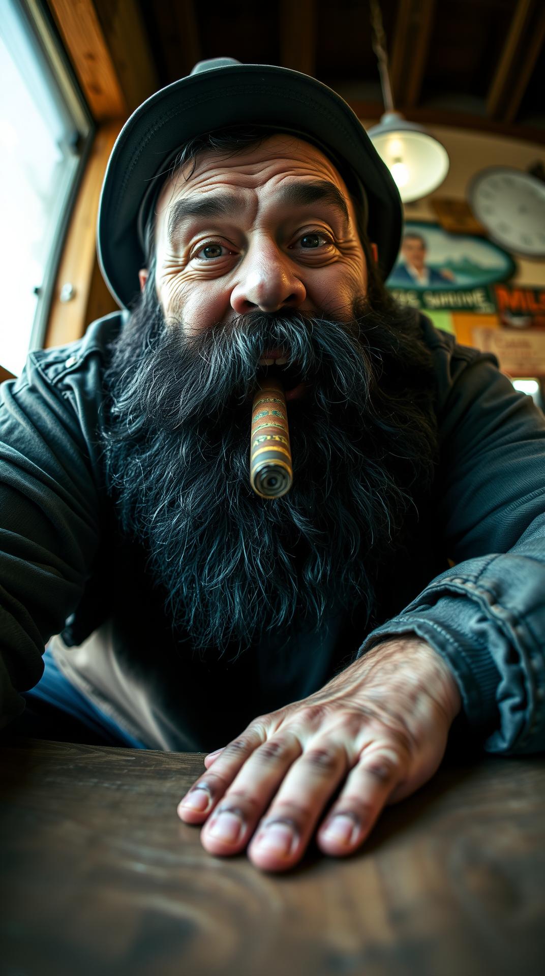 real life  extremly low angle wide angle lens fisheye distortion extreme close up shot realistic increadably detailed portrait of Max from his lap he's 45 years old and very lined   H's bendin down looms over others without even trying he's looking down at the table his huge hairy hand sprea out on the table hairy chest an  impressive sight Max’s imposing presence. we're looking up at his pitch black beard and cigar from the table  right under his chin his head high above Max is sitting in the corner bench, his broad shoulders filling the space, making him look like a giant even among the other workers. His dark beard, slightly tousled from a long day's work, adds to his rugged charm. his lined careworn face big nose and ears There's the slight glimmer in Max’s eyes, Max’s rugged look, complete with the hard hat, heavy work boots, and the traces of dirt from the day's labor,  The play of light across Max’s strong jaw and muscular frame, paired with that characteristic mischievous grin, . Max casually moves, the way his shirt stretches across his chest,  imagine what’s beneath.  Max might appear almost like a protective figure, yet there's something inherently inviting about the way he carries himself—strong, yet always with a touch of warmth and humor  but he’s not intimidating— the man who towers over others, has a playful nature which makes  him the center of attention 