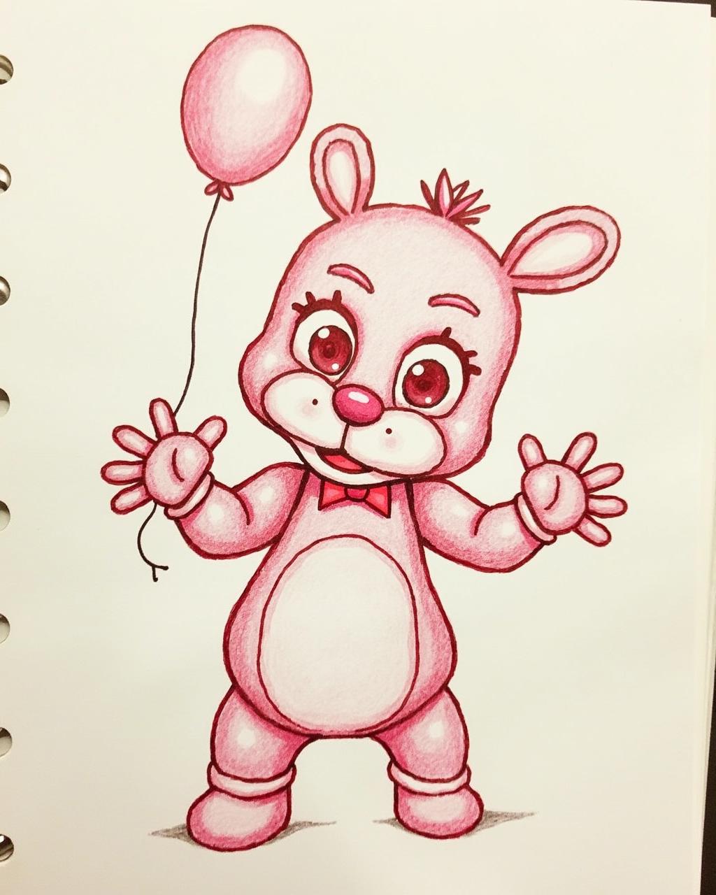 Pencil sketch of JJ from Five Nights at Freddy's is a small, toy-like animatronic with a pinkish-red color scheme. She has a balloon on her head and large, round eyes. She doesn't typically carry weapons, but she is known to be mischievous. Her pose often shows her holding her hands up in a playful, almost threatening manner drawn on some paper

