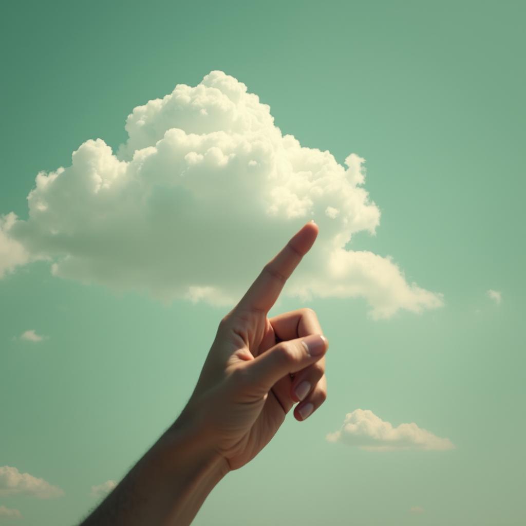 a hand pointing at a cloud in the sky. the sky is made of a greenish hue