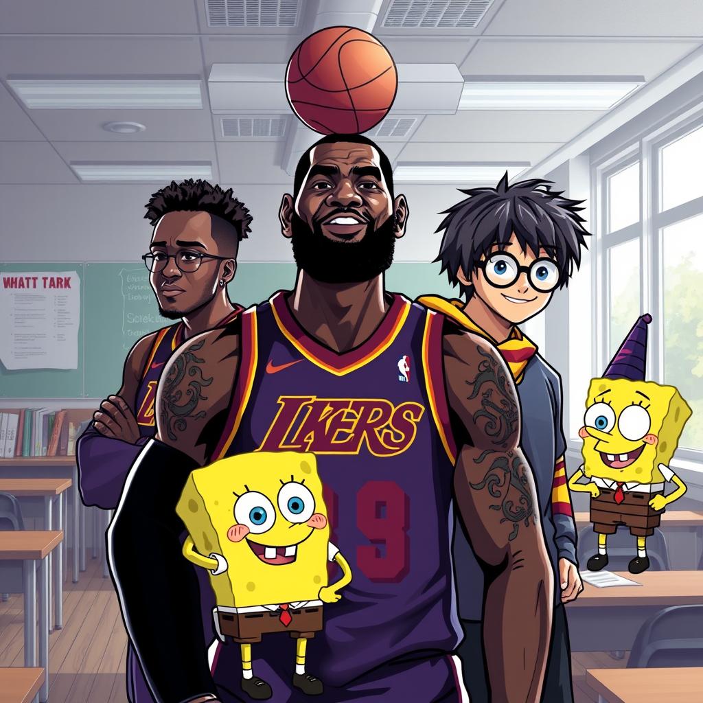 create me a image of lebron and other basketball players with spongebob and harry potter in school