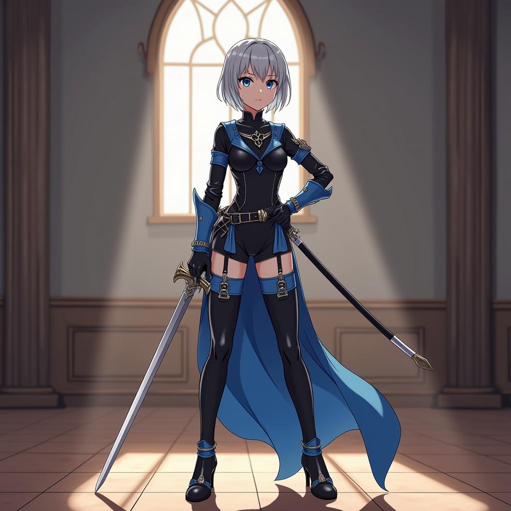 a female, she is short, she has silver short hair, white hair highlights, blue eyes, wearing black and blue combat leotard, thigh high black and blue combat boots with heels, medieval room, anime, flat rapier attached to her hip, blue sash on her other hip