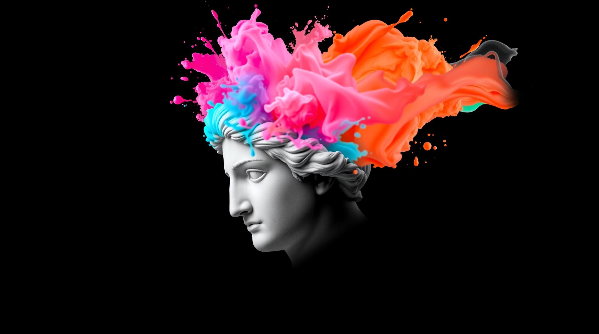 A minimalist classical Greek or Roman statue head in monochrome grayscale against a dark background, with the top of the head dissolving into vibrant, ethereal watercolor splashes in coral pink, turquoise, and bright orange. The statue should be rendered in a dramatic, high-contrast style with clean lines, facing slightly to the side in three-quarter view. The colorful explosion above should have a dreamlike, fluid quality with soft edges and overlapping hues. The overall composition should be centered on a square canvas with plenty of negative space. Style: digital art, vaporwave aesthetics, philosophical, contemplative. 16:9 aspect ratio, dark theme, high resolution."