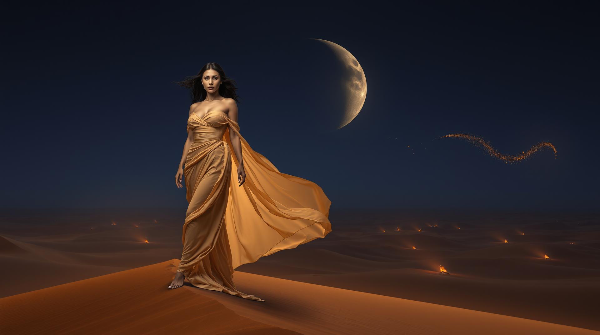 A vast, mystical desert stretches under a deep twilight sky, where glowing dunes shift slowly like liquid gold. Atop a lone sand dune stands an exquisitely toned and curvaceous woman, her form appearing entirely human at first glance—flawless skin, soft yet strong facial features, deep and expressive eyes. Wrapped in flowing, semi-transparent silk that drapes naturally around her body, she moves with effortless grace as the wind plays with the fabric.

Yet, as the firelight flickers, a subtle, almost imperceptible difference becomes clear—her skin occasionally catches the light in a way no human's would, revealing delicate bioluminescent golden veins beneath the surface, pulsing softly like an ancient energy source. Her irises, though seemingly human, shift colors ever so slightly, reflecting the unseen cosmic forces that connect her to another world.

The massive crescent moon above bathes her in a cool, ethereal glow, contrasting against the warm amber hues of distant bonfires scattered across the desert. The air is thick with shimmering heatwaves, golden dust particles floating gently around her as if drawn to her presence. Mirage-like portals flicker subtly in the distance—shimmering distortions in the air, barely perceptible, as if the fabric of reality itself is thinning around her.

She stands in quiet power, a bridge between the physical and the unknown, her expression carrying the wisdom of one who has seen beyond the veil.