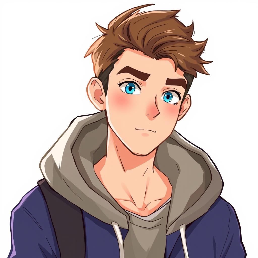 an illustration of a scrawny college aged guy in a hoodie, brown hair, blue eyes