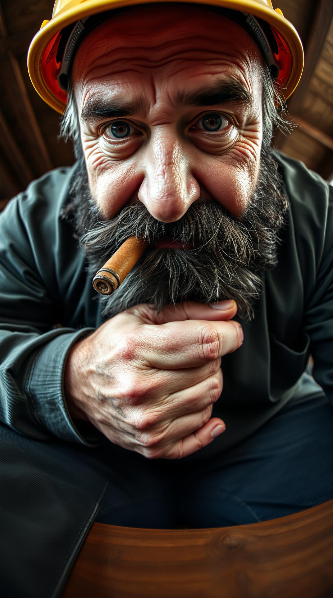 real life  extremly low angle wide angle lens fisheye distortion extreme close up shot realistic increadably detailed portrait of Max from his lap he's 45 years old and very lined   H's bendin down looms over others without even trying he's looking down at the table his huge hairy hand coralling it hairy cheast an  impressive sight Max’s imposing presence. we're looking up at his pitch black beard and cigar from the table  right under his chin his head high above Max is sitting in the corner bench, his broad shoulders filling the space, making him look like a giant even among the other workers. His dark beard, slightly tousled from a long day's work, adds to his rugged charm. his lined careworn face big nose and ears There's the slight glimmer in Max’s eyes, Max’s rugged look, complete with the hard hat, heavy work boots, and the traces of dirt from the day's labor,  The play of light across Max’s strong jaw and muscular frame, paired with that characteristic mischievous grin, . Max casually moves, the way his shirt stretches across his chest,  imagine what’s beneath.  Max might appear almost like a protective figure, yet there's something inherently inviting about the way he carries himself—strong, yet always with a touch of warmth and humor  but he’s not intimidatng— the man who towers over others, has a playful nature which makes  him the center of attention 