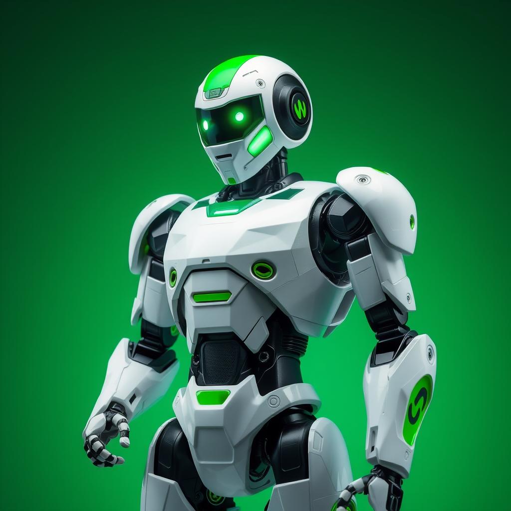 a robot with the colors white and green annuncing that "GERASOM V2 Está Chegando". Humanoid Robot