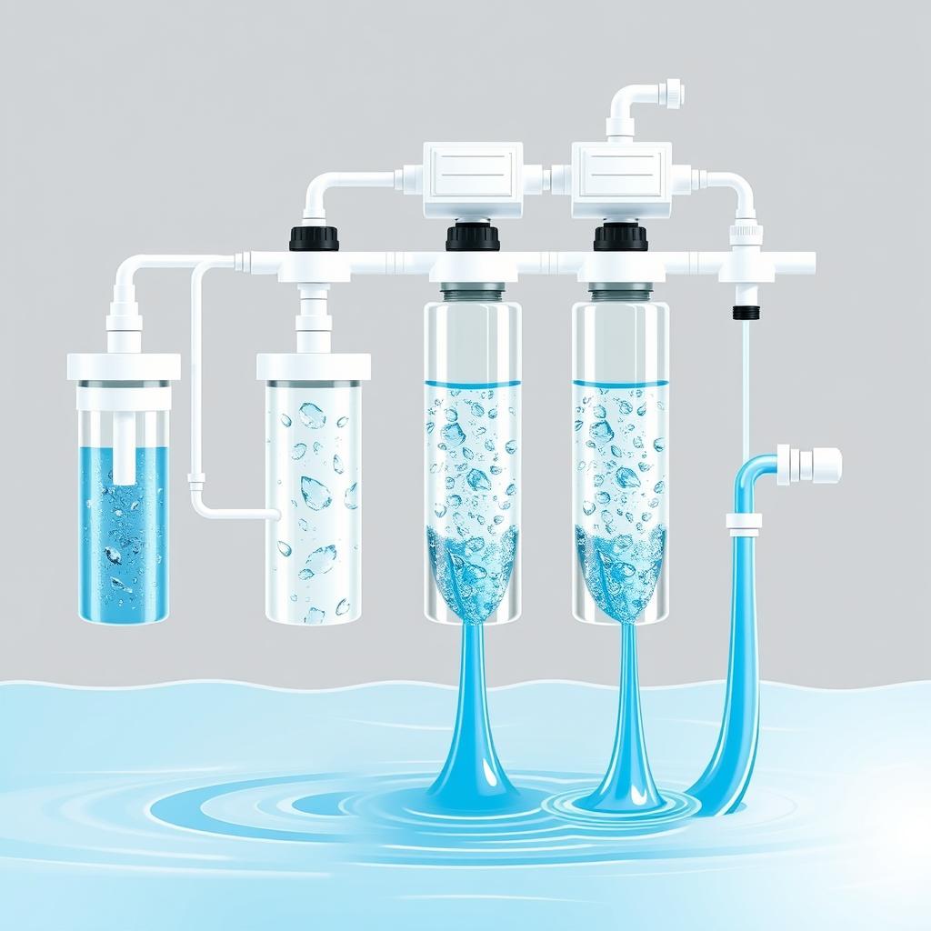 A water treatment system with five different types of devices, being each one for a treatment. Show the wastewater incoming to this system and pure and clean water going out from each pipe of each treatment 
