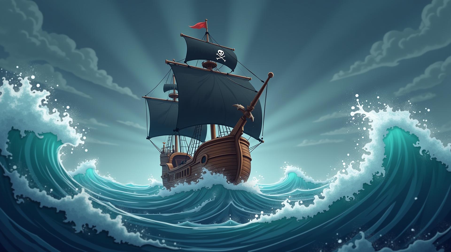 A cartoony pirateship breaking the stormy waves in mid sea the ship has black sails and the feeling is eeire

