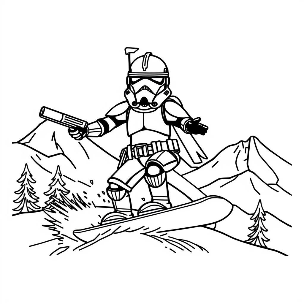 Create a  Star Wars Clone Trooper riding  o snowboard from moutain coloring page for children (6 years old).
A4 format, white background, thick black outlines.
No shading, color fill, or small details.
Large, simple shapes, bold lines.
Cheerful, child-friendly style. Single character.
Ensure correct human anatomy (two arms, two legs, one head).