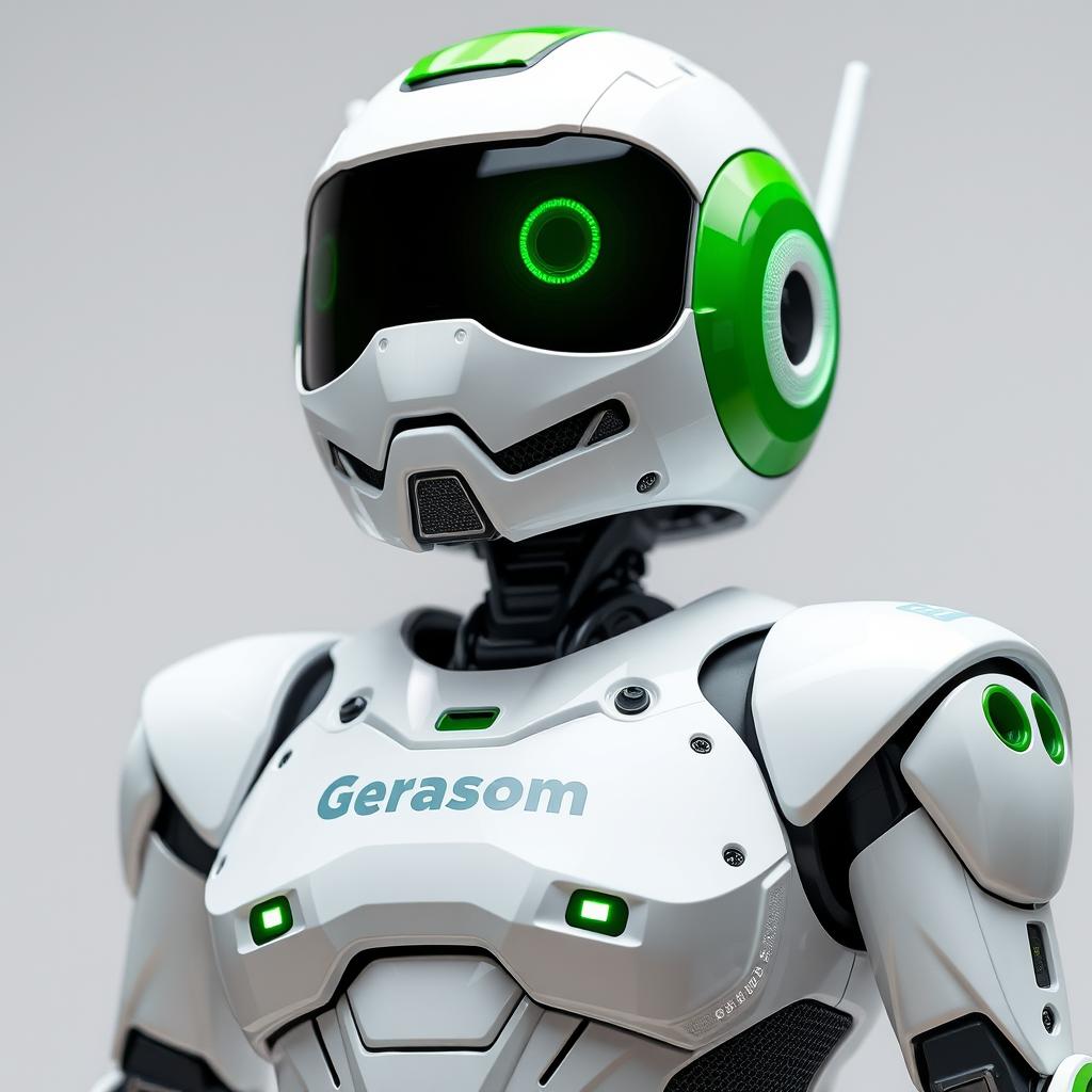 a robot with the colors white and green annuncing that "GERASOM V2 Está Chegando". Humanoid Robot