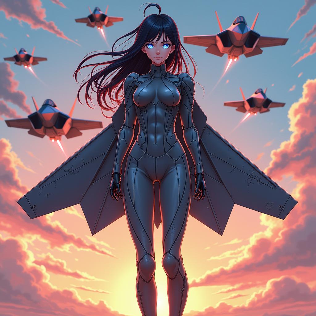 A digital illustration of an F-35 fighter jet reimagined as a futuristic anime-style waifu. The character features sleek, metallic clothing and armor resembling the angular design of the F-35, with long jet-like wings extend from her back. The wings feature cracked and weathered surfaces to signal her status as a seasoned airforce unit. Her hair is dark, long, and unruly, resembling tangled cables made of silicon-like material. Her body is covered in armor that resembles the body of a F-35, with dark, dull gray as the primary color, made of aged panels with scratch and skid marks. Her eyes glow with an electric blue hue, resembling cockpit displays. The background is a vibrant, cloudy sky at sunset, with five F-35s in the background with streaks of jet trails and subtle light flares. The waifu is posed in the middle foreground, standing on land and facing the viewer directly in a solemn mood. Created using: anime-inspired line art, vibrant cel-shading, detailed mecha designs, dynamic lighting, metallic textures, high-definition rendering, soft gradients, and bold contrasts. HD quality, vivid and stylized.