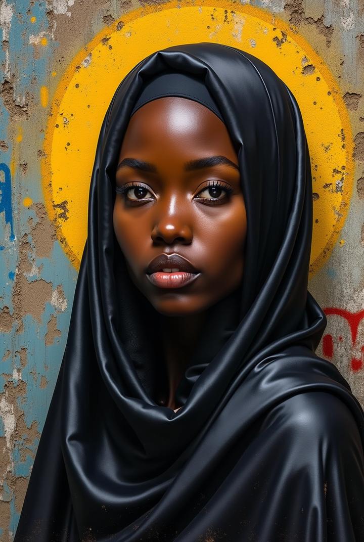 Realistic portrait of a dark-skinned African woman wearing a satin veil over her head. In the background, a street art halo surrounds the woman's head.