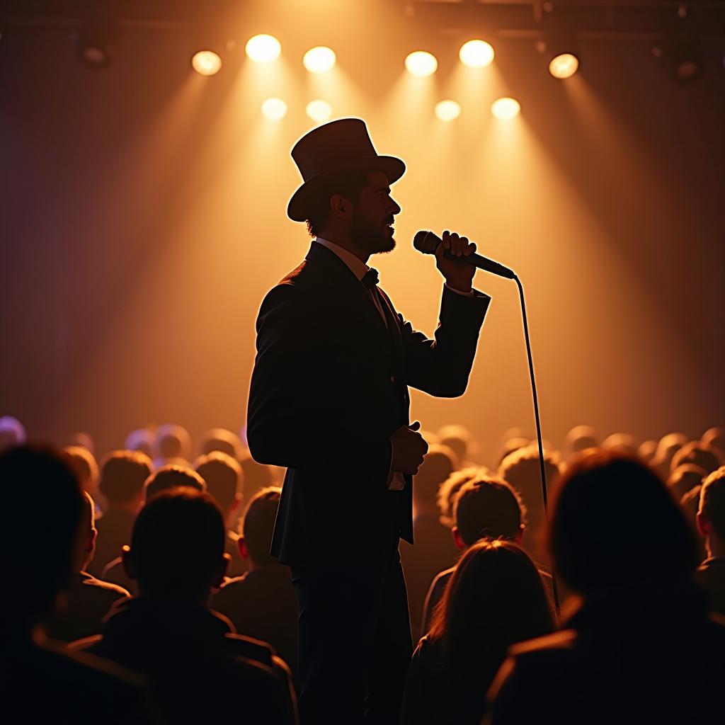 silhouette of a male singer in steampunk, on stage, audience in background, American comic 