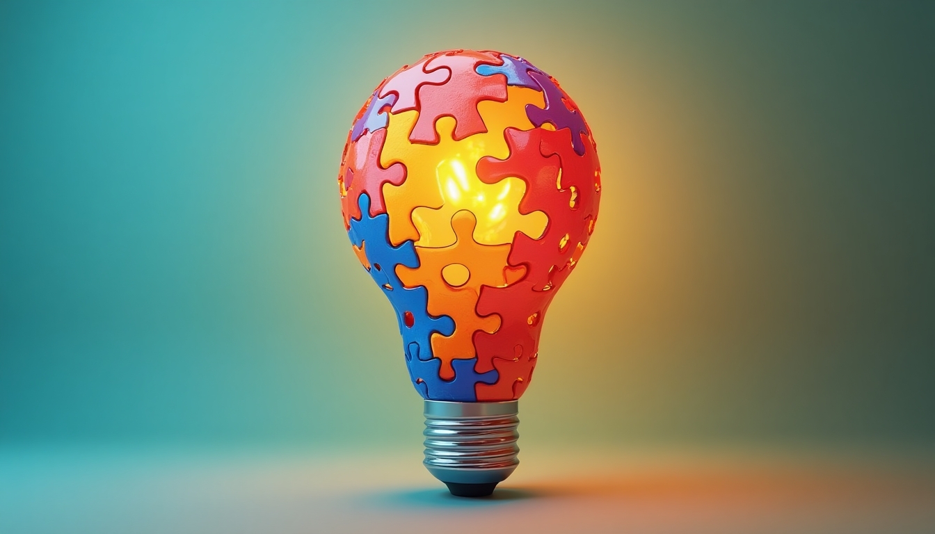 Create an image of a light bulb made entirely out of colorful puzzle pieces. The light bulb should be vibrant with puzzle pieces in shades of red, orange, yellow, blue, and purple. The background should be a solid, contrasting color to make the light bulb stand out. Ensure the light bulb appears 3D and realistic, with a shiny metallic base. Add a subtle glow around the bulb to emphasize the concept of illumination and idea generation.