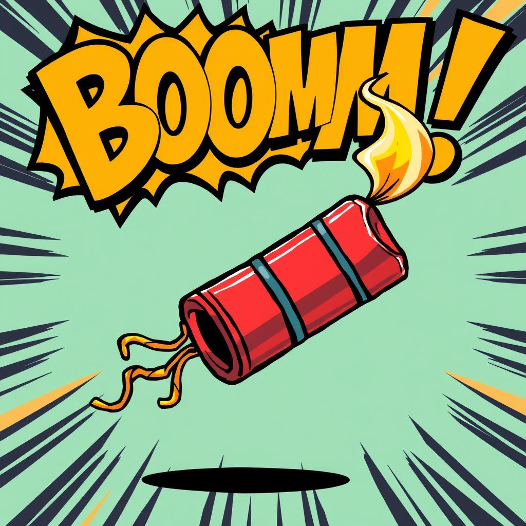 "A comic-style illustration featuring a cartoonish dynamite stick with bold lines and vibrant colors. The dynamite has a lit, smoking fuse, with exaggerated details for a playful yet dramatic effect. In the background, there's a comic-style text box with the word 'BOOM!' in large, bold letters. The overall feel of the image is dynamic, energetic, and colorful, with a fun and exaggerated comic vibe."