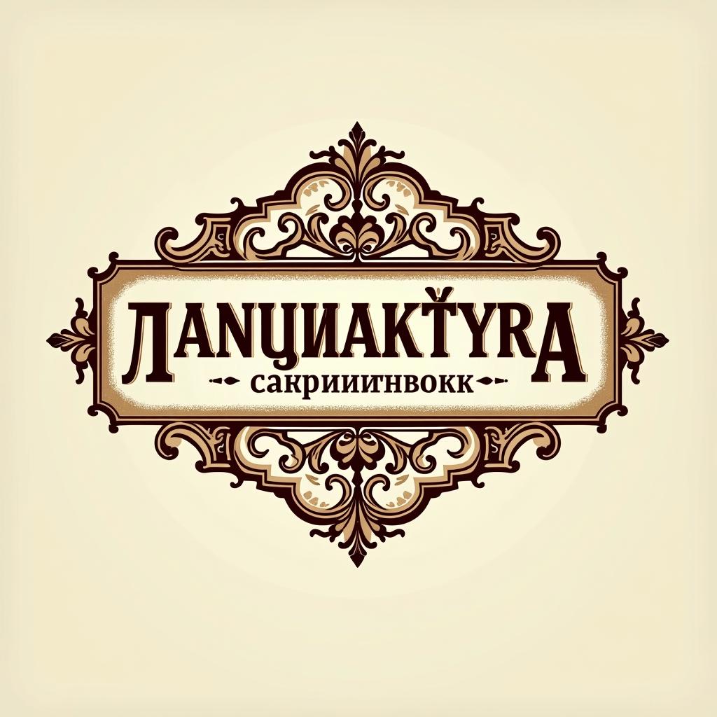 A logo for a company named 'Мануфактура КарлинеровЪ,' styled like late 19th-century shop signs. Incorporate elegant Cyrillic typography, ornate flourishes, decorative frames, and vignette elements. Use a muted color scheme with cream, gold, and deep burgundy tones to create an antique look. The logo should evoke the charm of old-world craftsmanship and a traditional manufacturing company