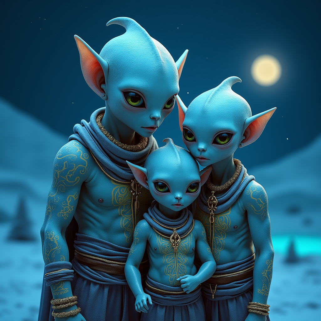 A photorealistic image of a light-skinned, hairless alien family with large, piercing light-blue eyes. The father, mother, and child are adorned in intricate yellow indigenous tattoos and traditional clothing, standing under the intense glowing, biolumenscent, limes, purples, spiral swirls night skies moonlight night in the icey, frozen alien home landscape